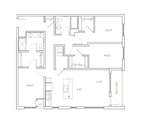 A floor plan of a house with labeled rooms such as "REST", "LIVE", and "EAT".